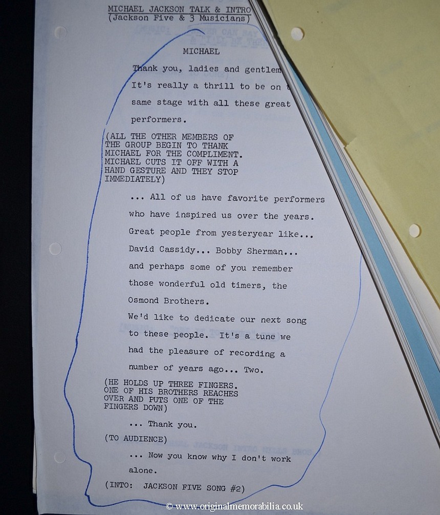 1973 Jackson 5 Script Including 'Michaels Talk